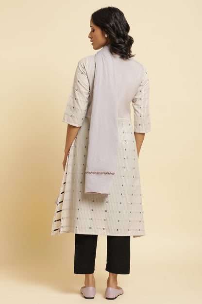 Beige Printed Kurta, Pants And Dupatta Set
