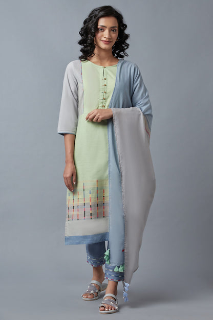Light Green Cotton Dobby kurta With Blue Slim Pants And Dupatta