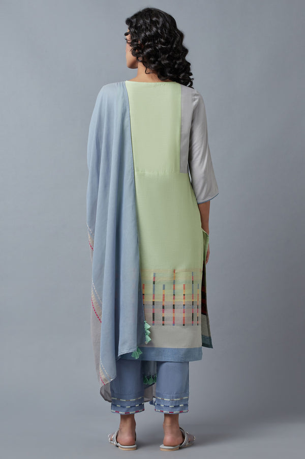 Light Green Cotton Dobby kurta With Blue Slim Pants And Dupatta
