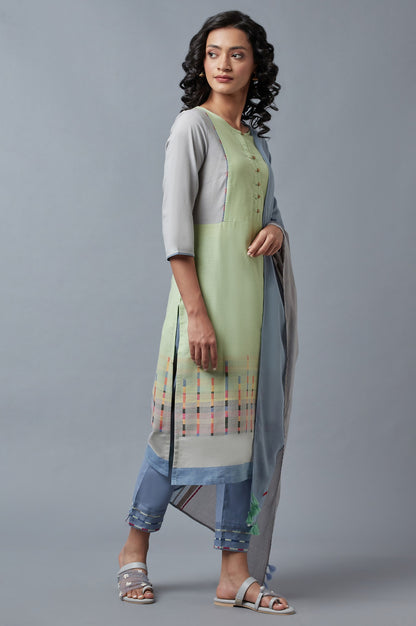 Light Green Cotton Dobby kurta With Blue Slim Pants And Dupatta