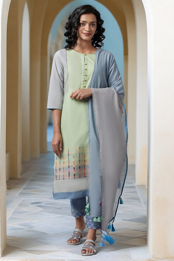 Light Green Cotton Dobby kurta With Blue Slim Pants And Dupatta