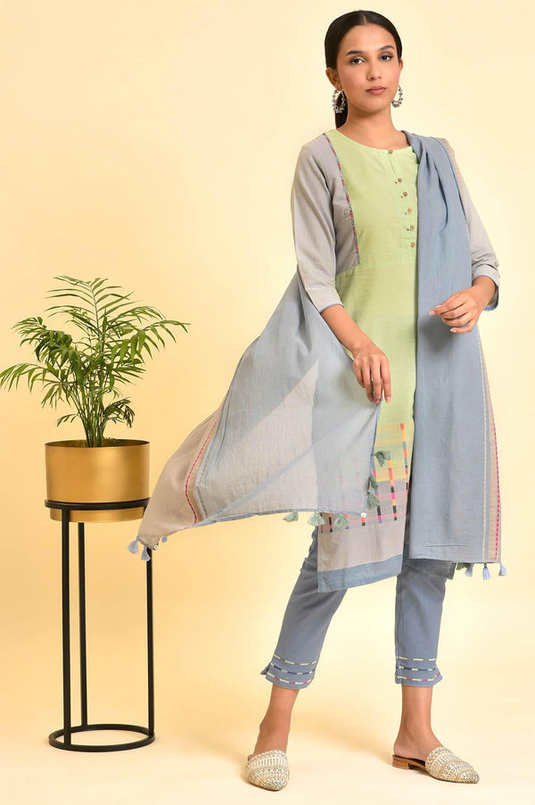 Light Green Yarn-Dyed Kurta, Pants And Dupatta Set