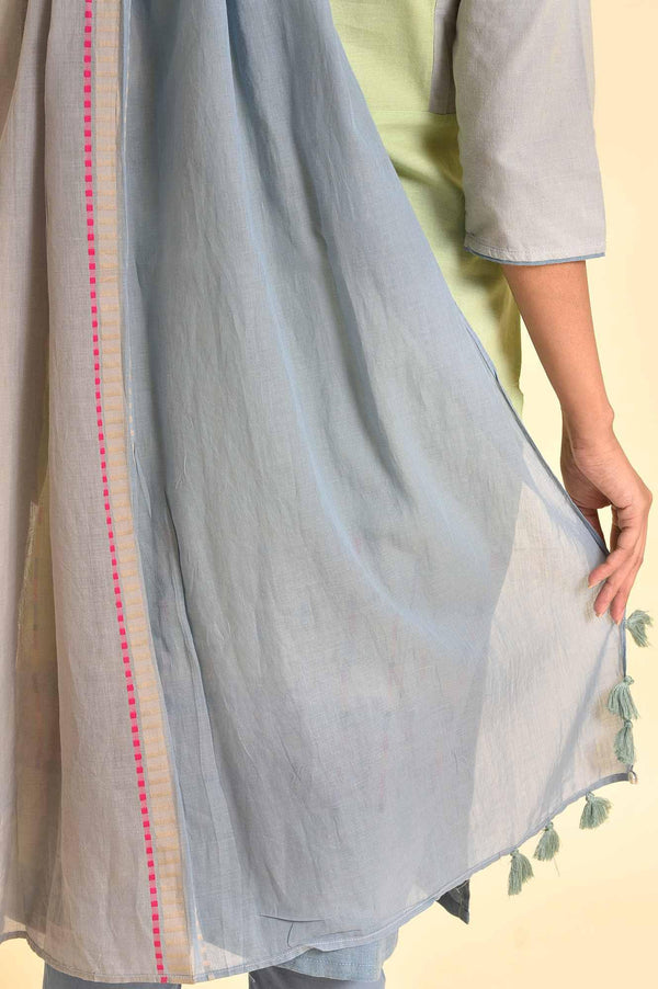Light Green Yarn-Dyed Kurta, Pants And Dupatta Set