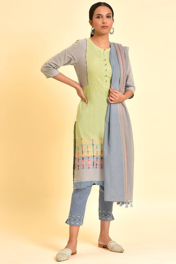Light Green Yarn-Dyed Kurta, Pants And Dupatta Set
