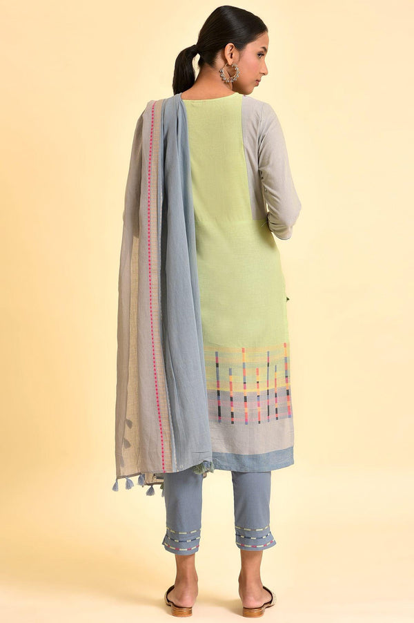 Light Green Yarn-Dyed Kurta, Pants And Dupatta Set