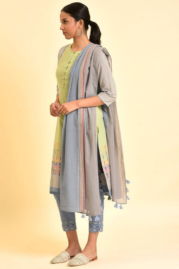 Light Green Yarn-Dyed Kurta, Pants And Dupatta Set