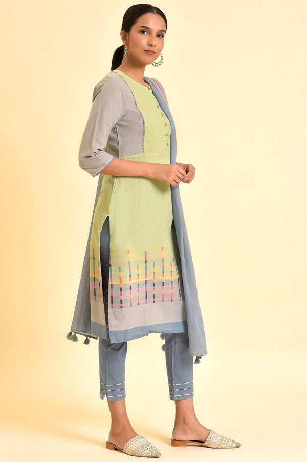 Light Green Yarn-Dyed Kurta, Pants And Dupatta Set