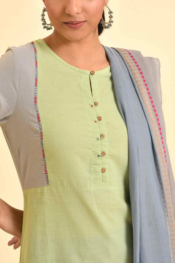Light Green Yarn-Dyed Kurta, Pants And Dupatta Set