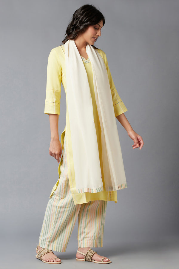 Light Yellow Dobby Straight kurta With Parallel Pants And Ecru Dupatta