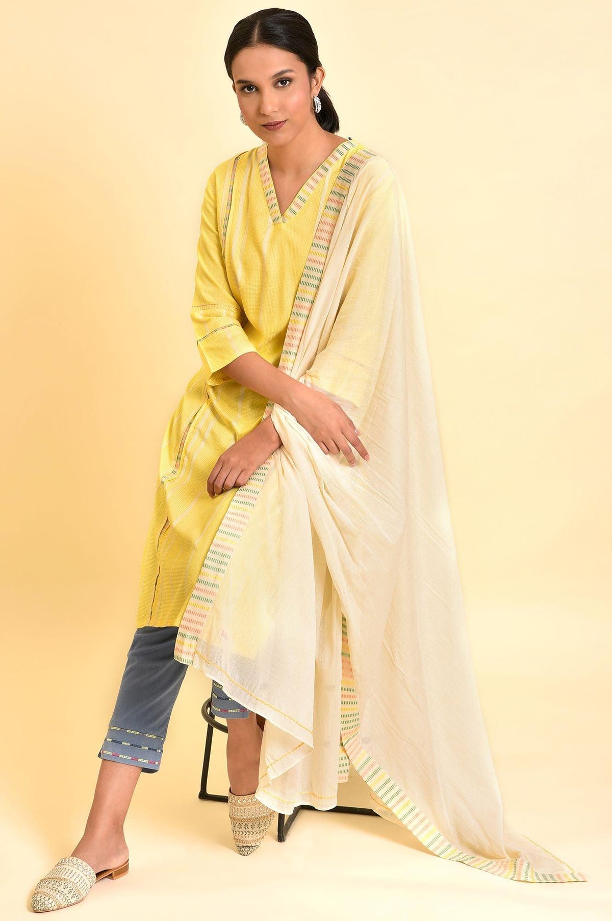Yellow Casual Kurta, Pants And Dupatta Set - XS