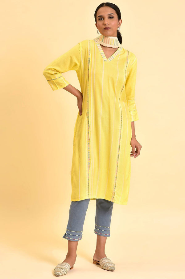 Yellow Casual Kurta, Pants And Dupatta Set