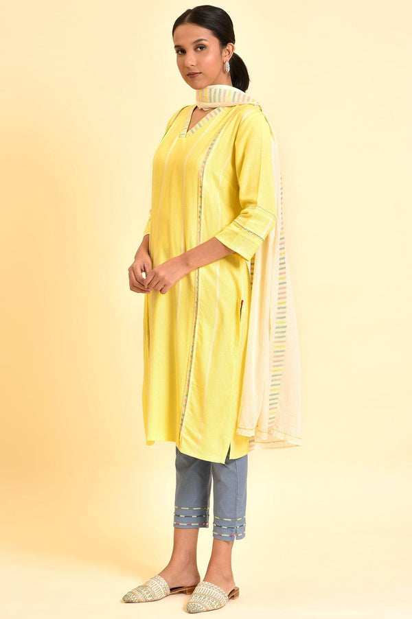 Yellow Casual Kurta, Pants And Dupatta Set