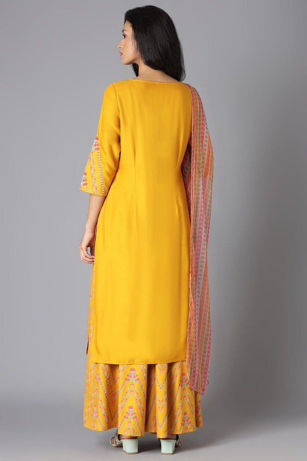 Yellow Floral Printed Kurta, Culottes And Dupatta Set