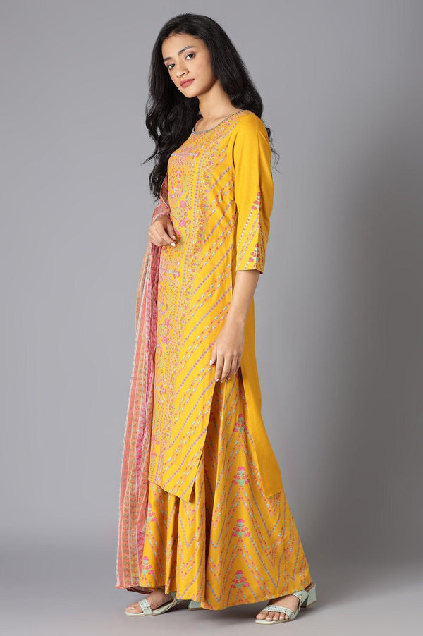 Yellow Floral Printed Kurta, Culottes And Dupatta Set