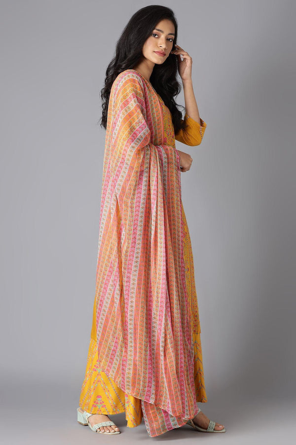 Yellow Floral Printed Kurta, Culottes And Dupatta Set