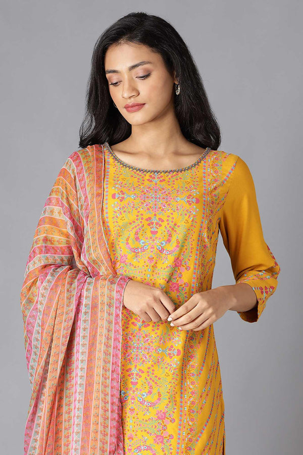 Yellow Floral Printed Kurta, Culottes And Dupatta Set