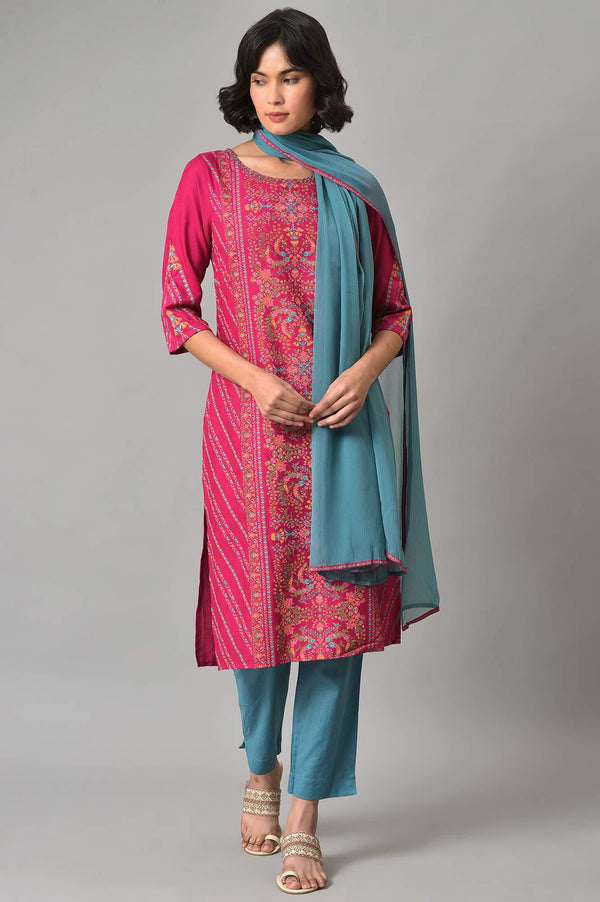 Dark Pink Floral kurta In Boat Neck With Teal Blue Slim Pants And Dupatta
