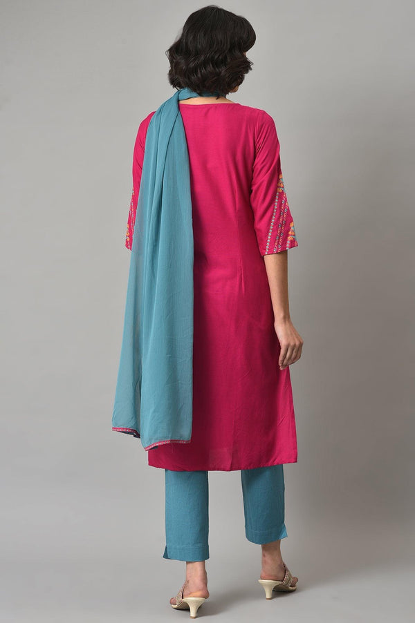 Dark Pink Floral kurta In Boat Neck With Teal Blue Slim Pants And Dupatta