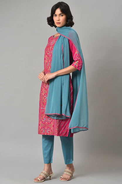 Dark Pink Floral kurta In Boat Neck With Teal Blue Slim Pants And Dupatta - wforwoman