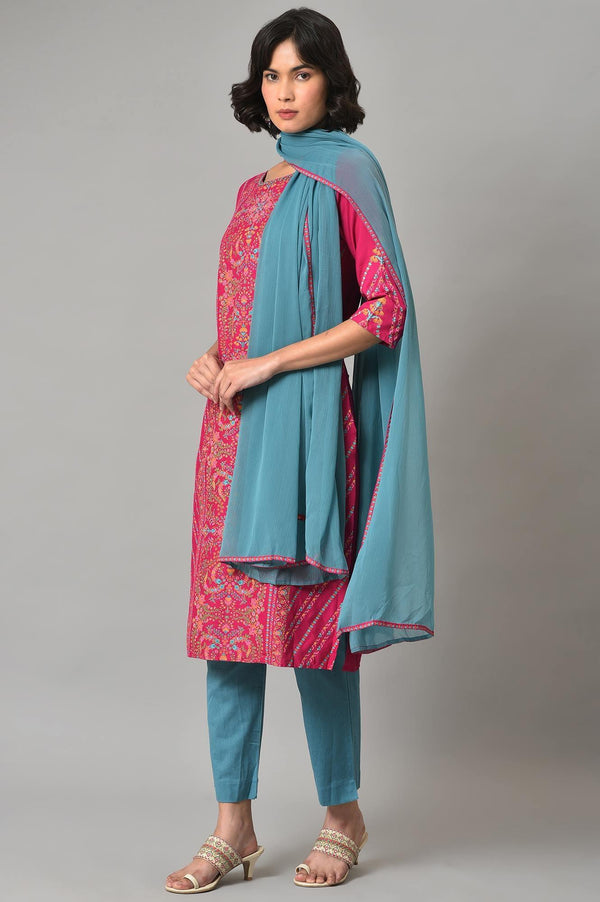 Dark Pink Floral kurta In Boat Neck With Teal Blue Slim Pants And Dupatta
