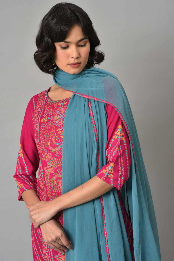 Dark Pink Floral kurta In Boat Neck With Teal Blue Slim Pants And Dupatta