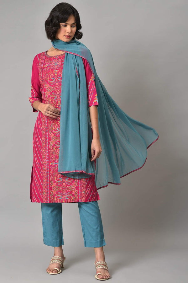 Dark Pink Floral kurta In Boat Neck With Teal Blue Slim Pants And Dupatta