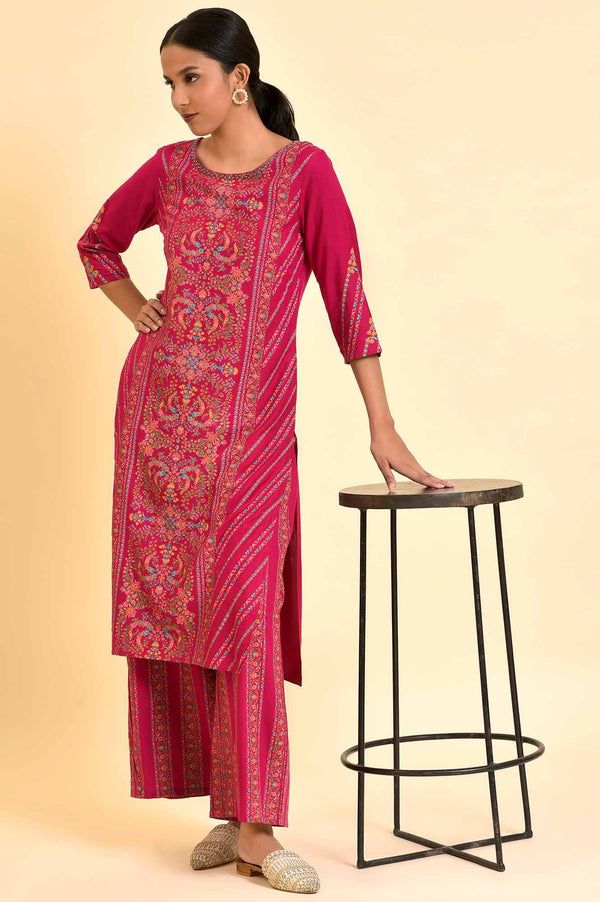 Dark Pink Floral Printed Embellished Kurta And Pants Set