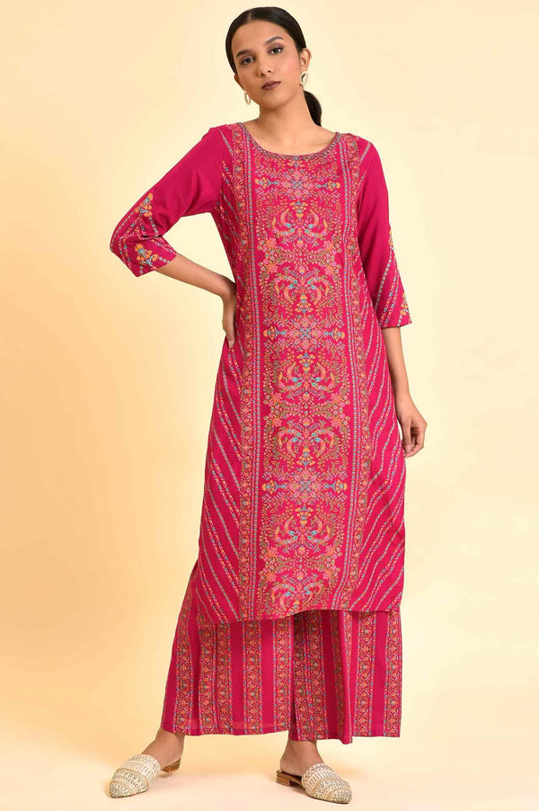 Dark Pink Floral Printed Embellished Kurta And Pants Set