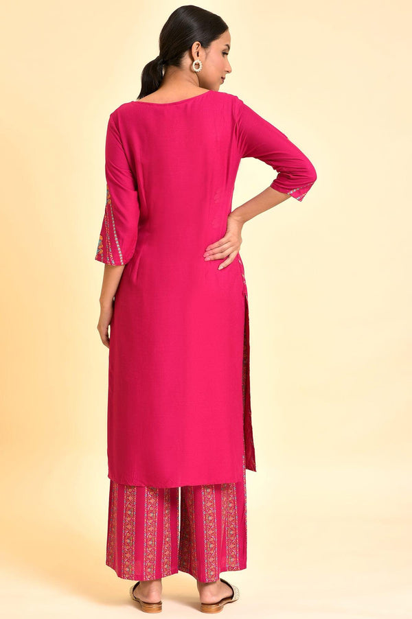 Dark Pink Floral Printed Embellished Kurta And Pants Set