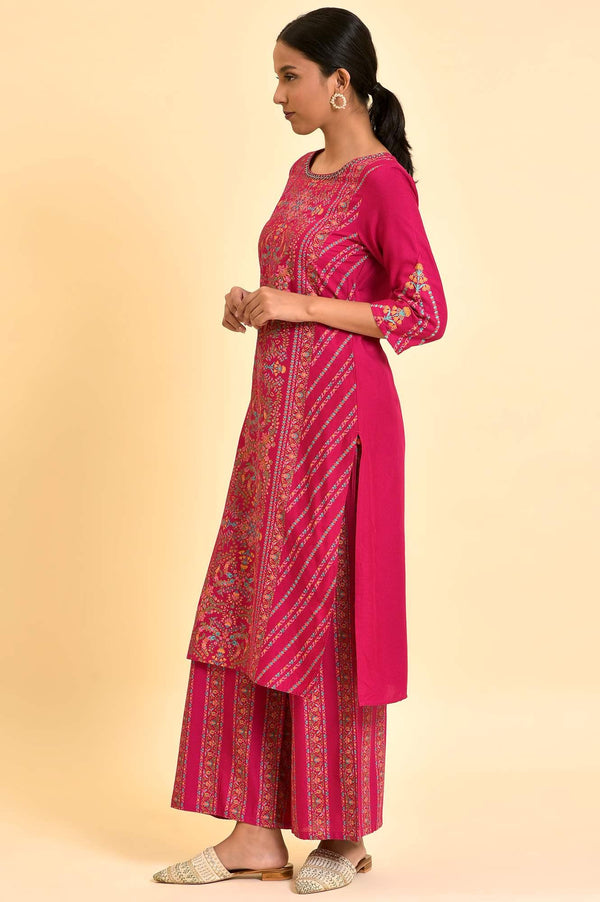 Dark Pink Floral Printed Embellished Kurta And Pants Set
