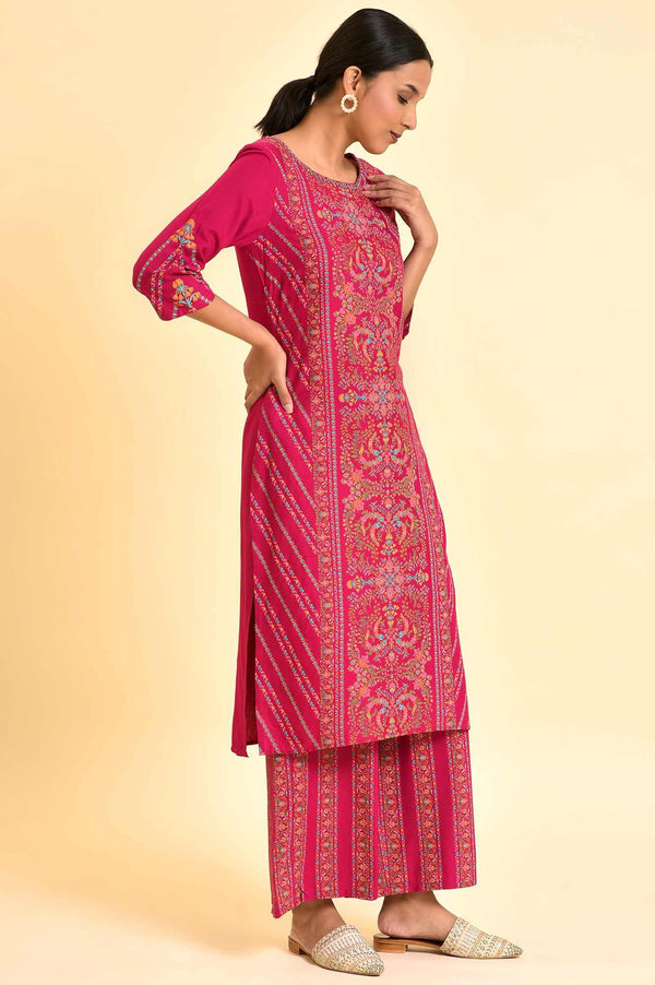 Dark Pink Floral Printed Embellished Kurta And Pants Set