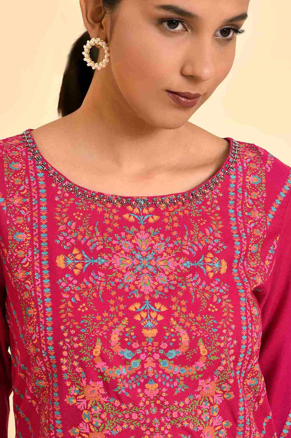 Dark Pink Floral Printed Embellished Kurta And Pants Set