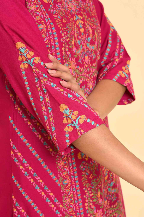 Dark Pink Floral Printed Embellished Kurta And Pants Set