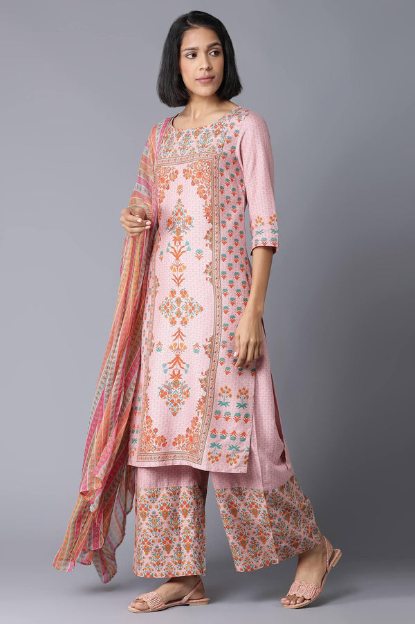 Light Pink Floral kurta in Round Neck with Parallel Pants and Dupatta