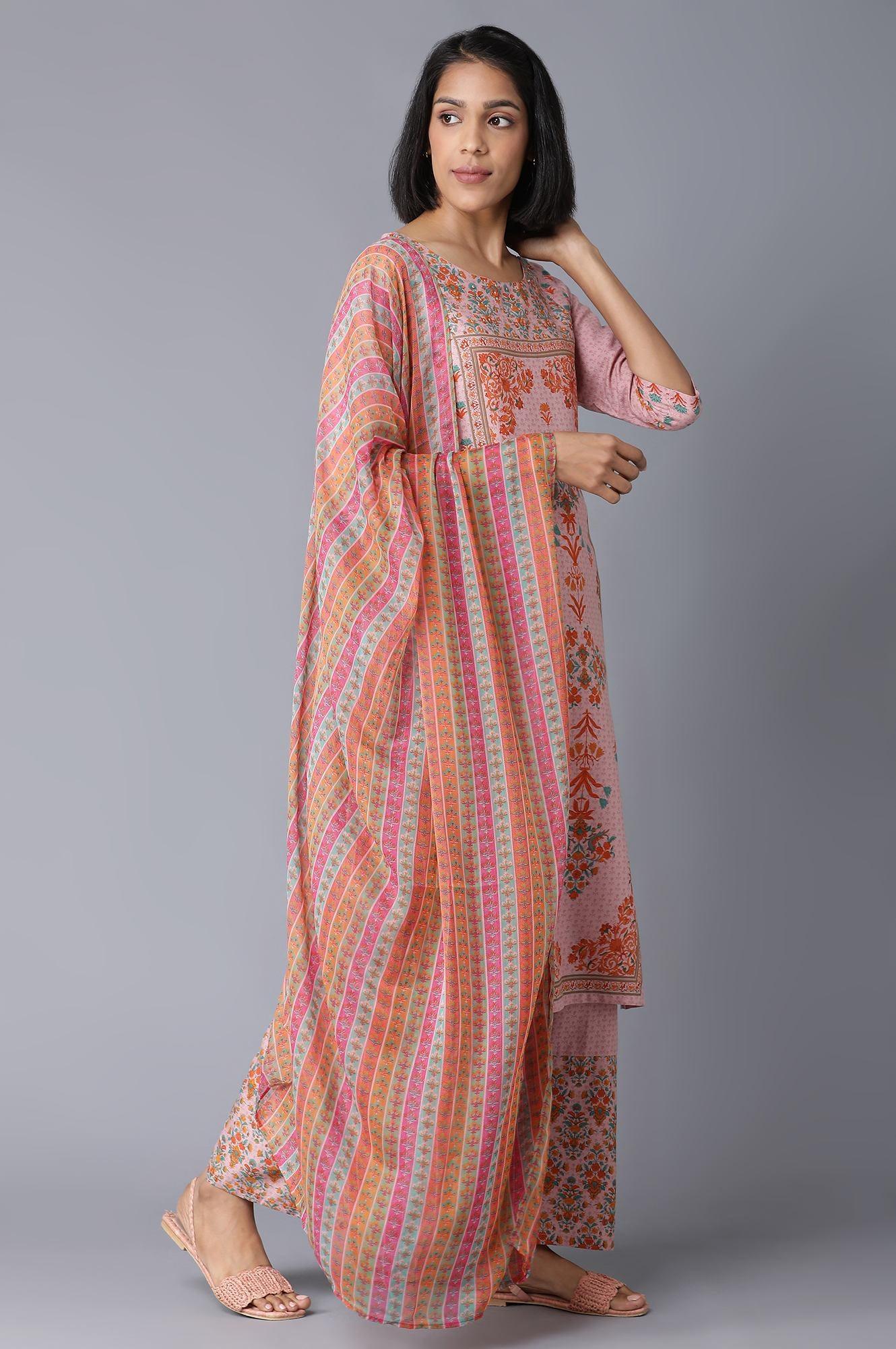 Light Pink Floral kurta in Round Neck with Parallel Pants and Dupatta - wforwoman