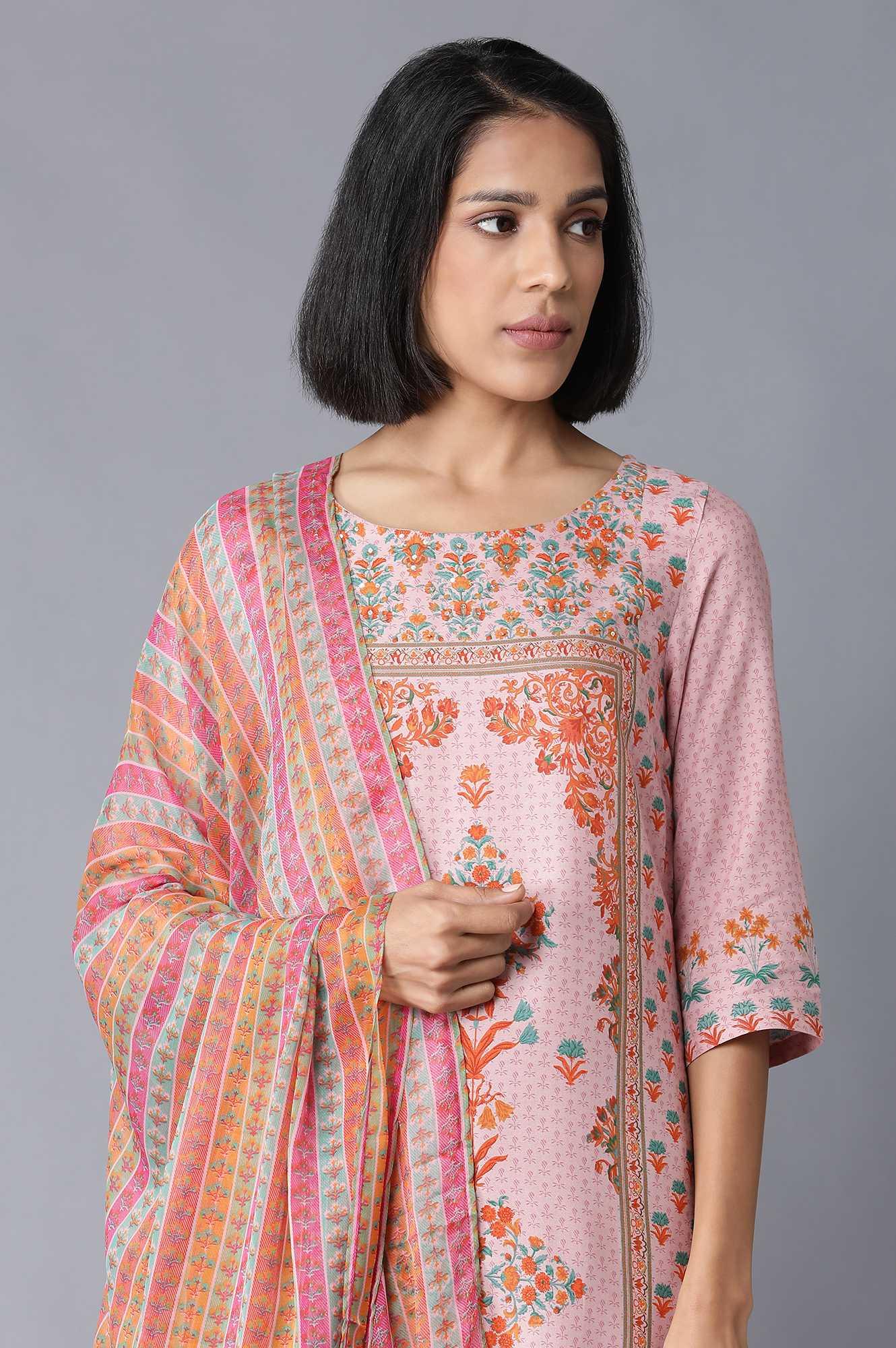 Light Pink Floral kurta in Round Neck with Parallel Pants and Dupatta - wforwoman