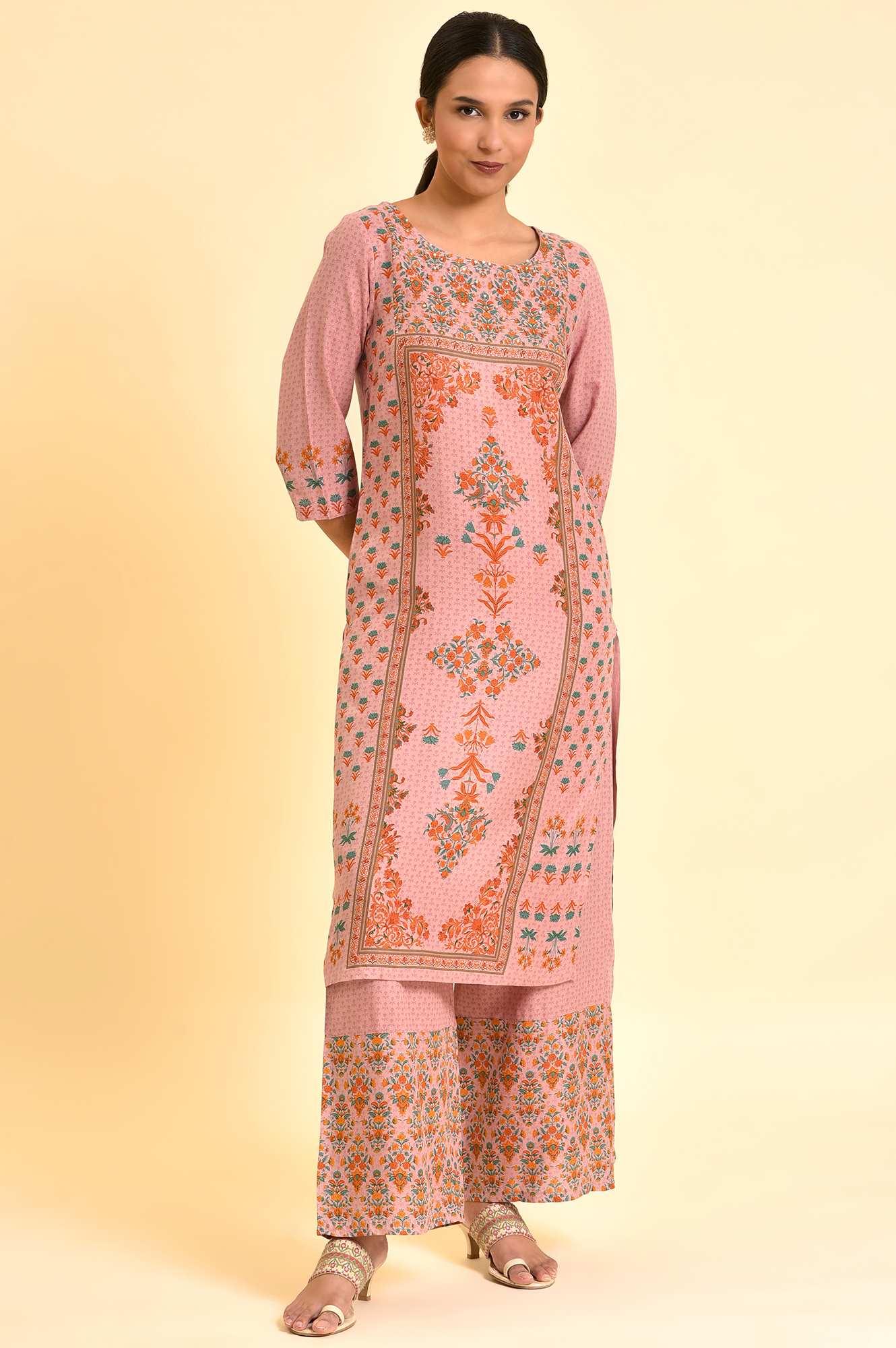 Pink Printed Straight Kurta And Parallel Pants Set - wforwoman