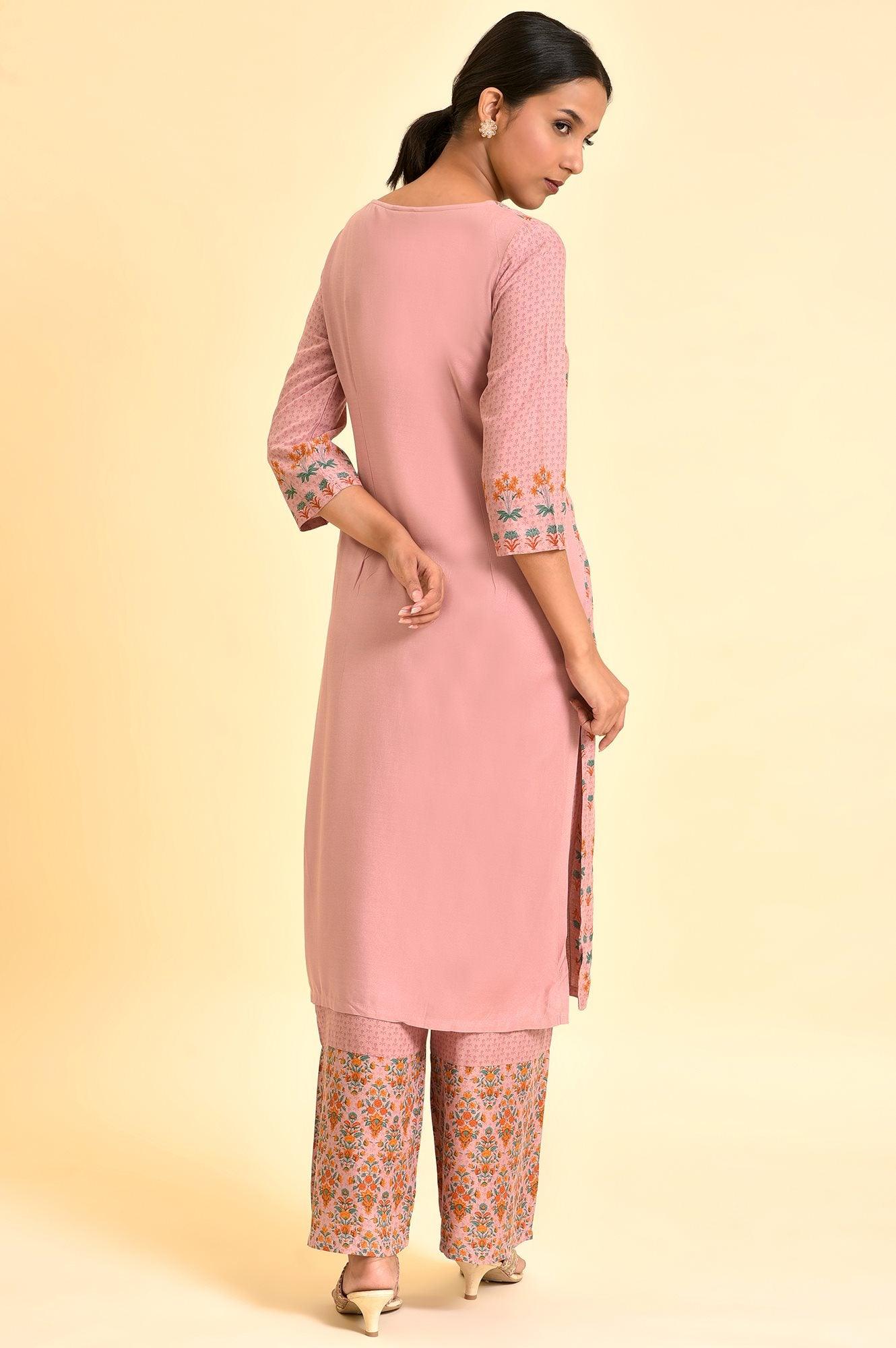 Pink Printed Straight Kurta And Parallel Pants Set - wforwoman