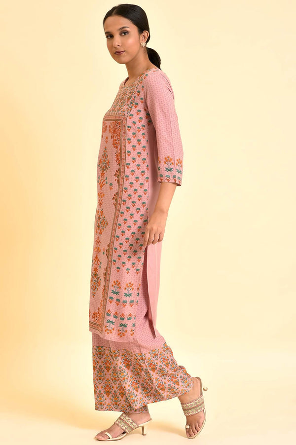 Pink Printed Straight Kurta And Parallel Pants Set