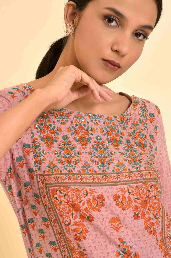 Pink Printed Straight Kurta And Parallel Pants Set