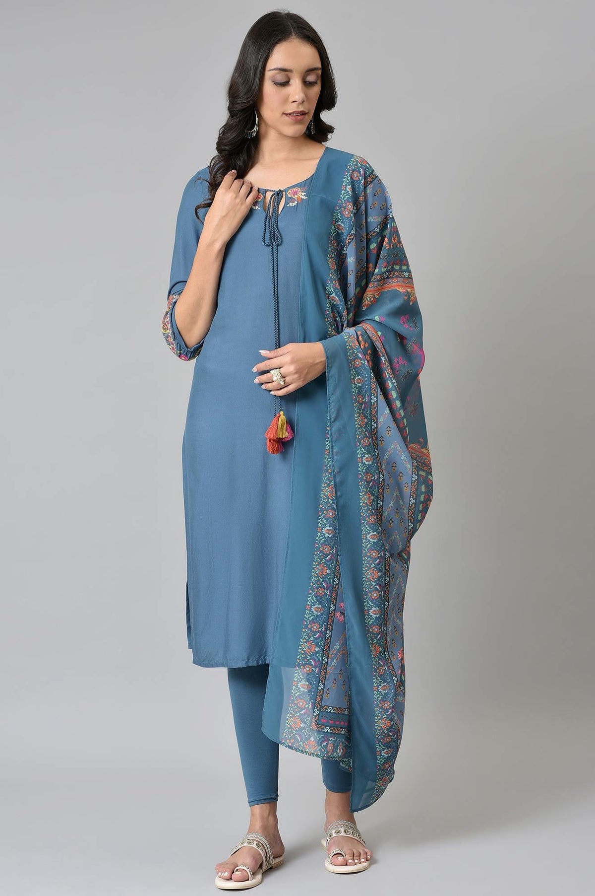 Deep Teal Fusion Embroidered kurta With Knitted Tights And Printed Dupatta - XS