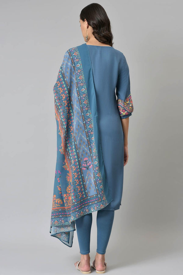 Deep Teal Fusion Embroidered kurta With Knitted Tights And Printed Dupatta