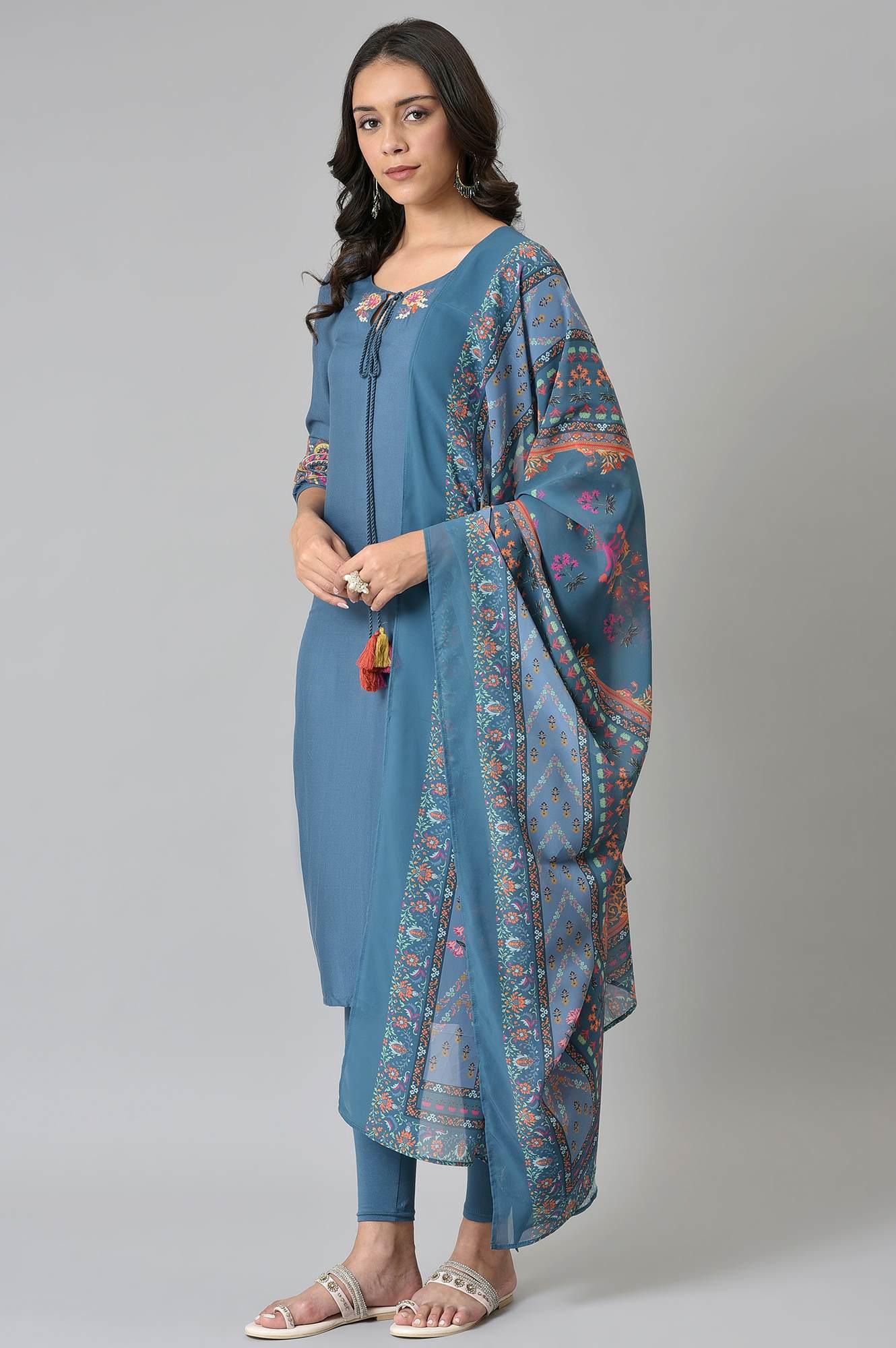Deep Teal Fusion Embroidered kurta With Knitted Tights And Printed Dupatta - wforwoman