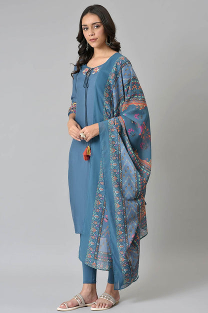 Deep Teal Fusion Embroidered kurta With Knitted Tights And Printed Dupatta - wforwoman