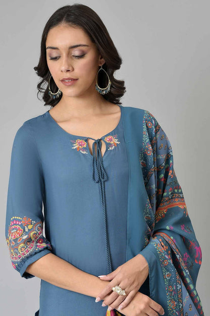 Deep Teal Fusion Embroidered kurta With Knitted Tights And Printed Dupatta - wforwoman