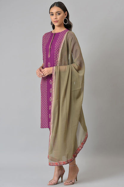 Dark Purple Round Neck kurta With Floral Straight Pants And Chiffon Dupatta - wforwoman