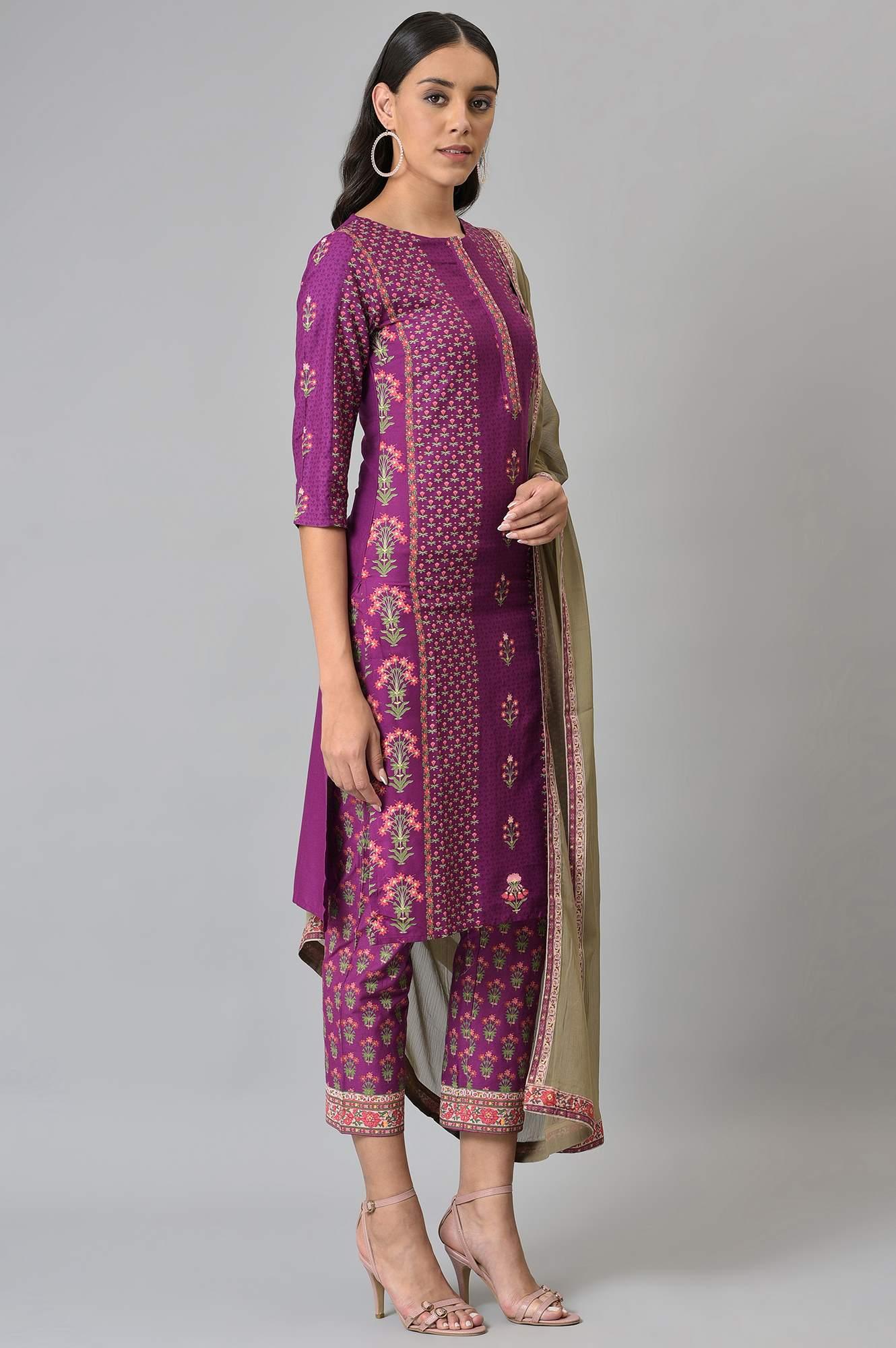 Dark Purple Round Neck kurta With Floral Straight Pants And Chiffon Dupatta - wforwoman