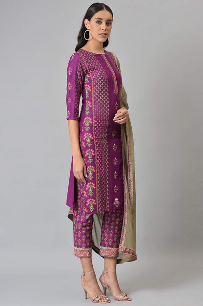 Dark Purple Round Neck kurta With Floral Straight Pants And Chiffon Dupatta - wforwoman
