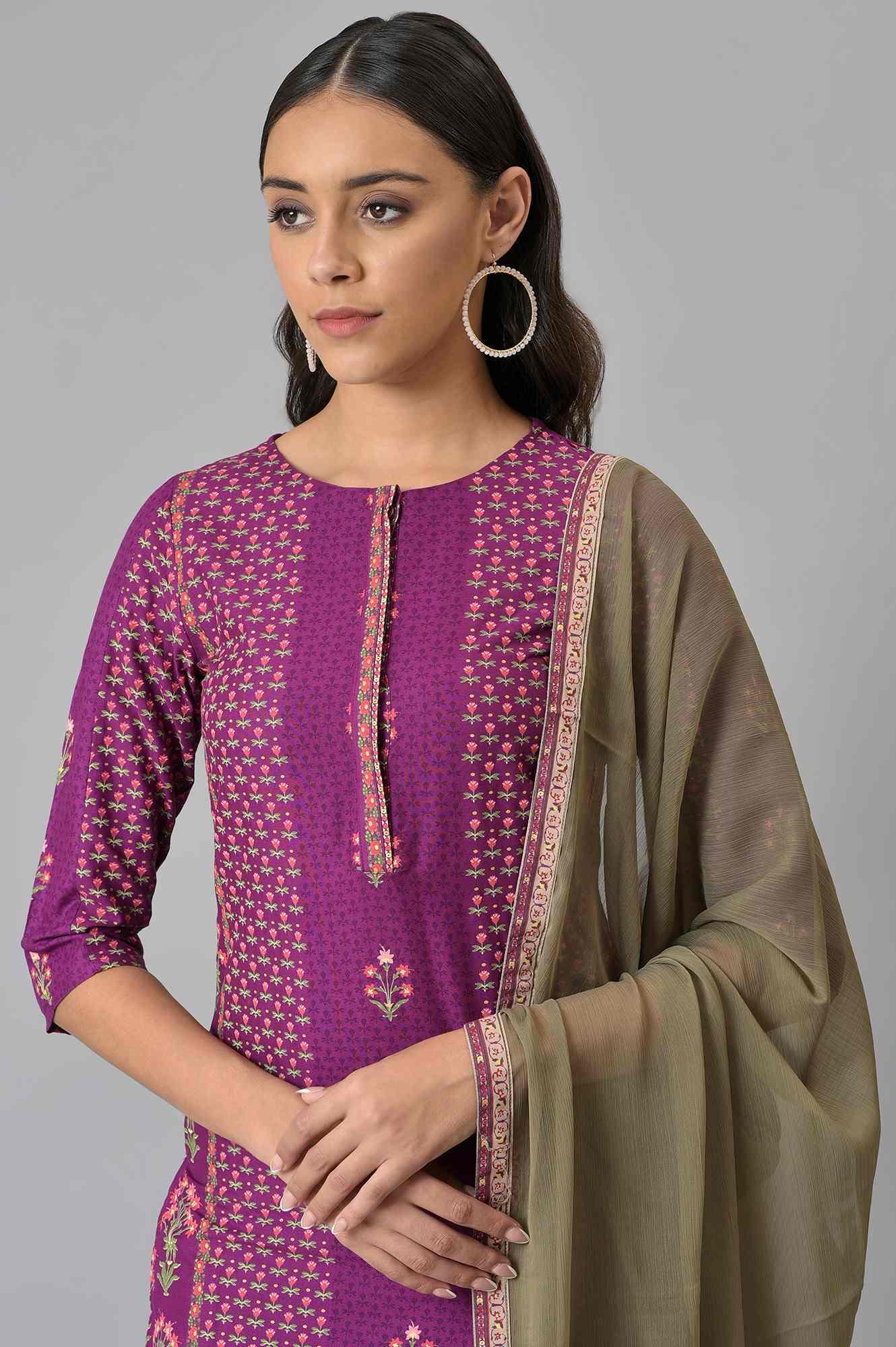 Dark Purple Round Neck kurta With Floral Straight Pants And Chiffon Dupatta - wforwoman