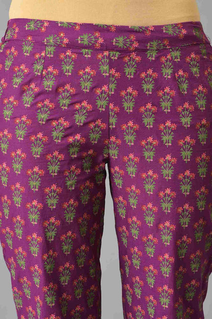 Dark Purple Round Neck kurta With Floral Straight Pants And Chiffon Dupatta - wforwoman